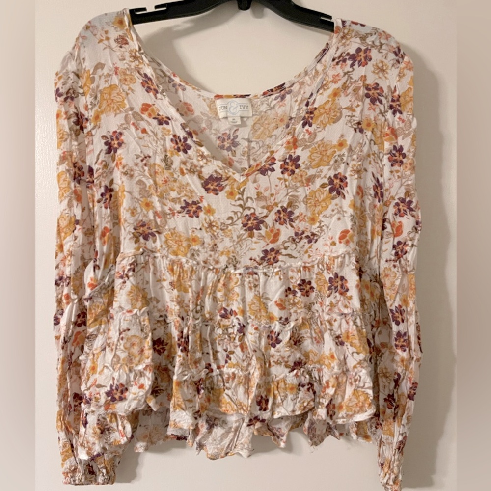 White Floral Long Sleeve Midi Top